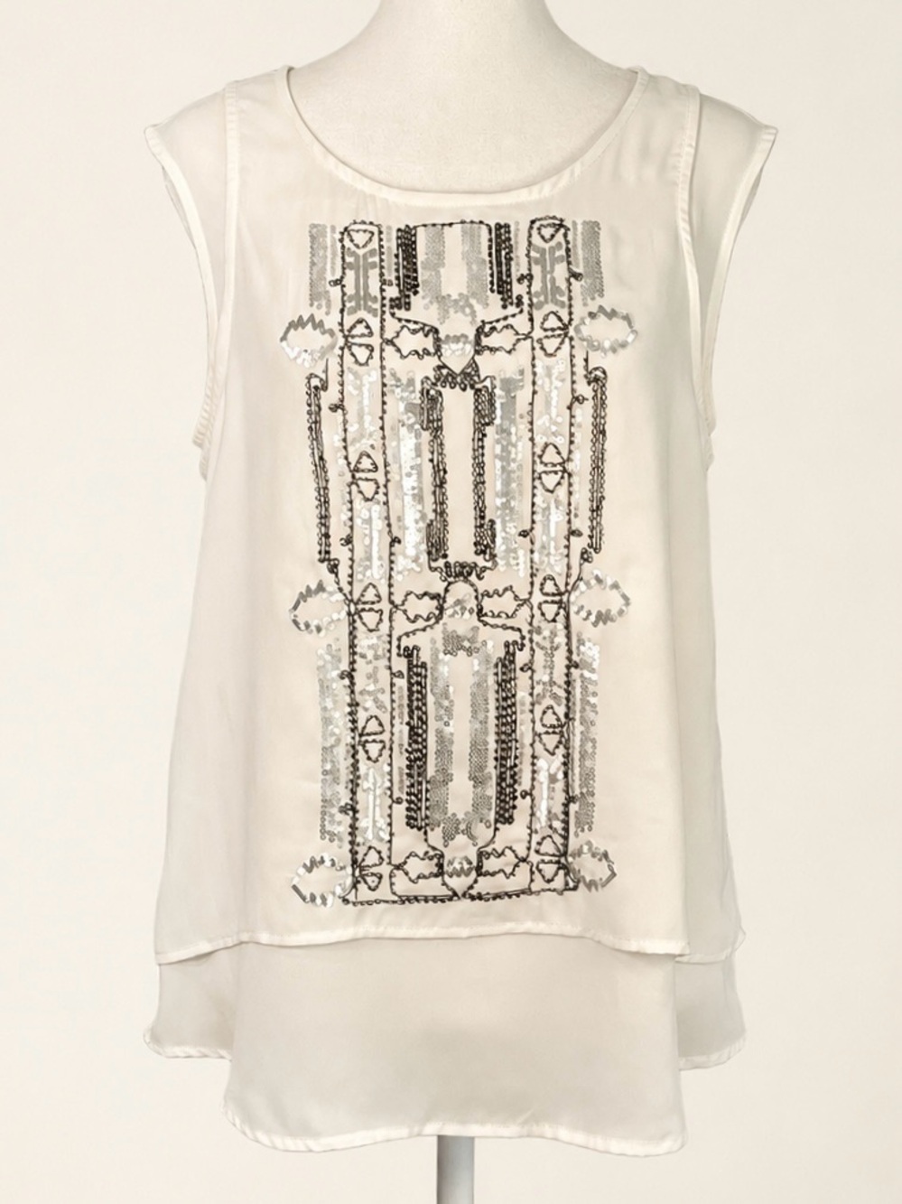 ✨ Ivory Art Deco Beaded Faux-Layered Shell Blouse • Size Small ✨